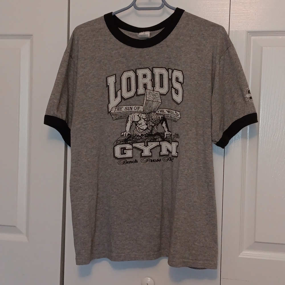 Vintage Lord's Gym T-Shirt Men's Size Large Gray And Black Trim